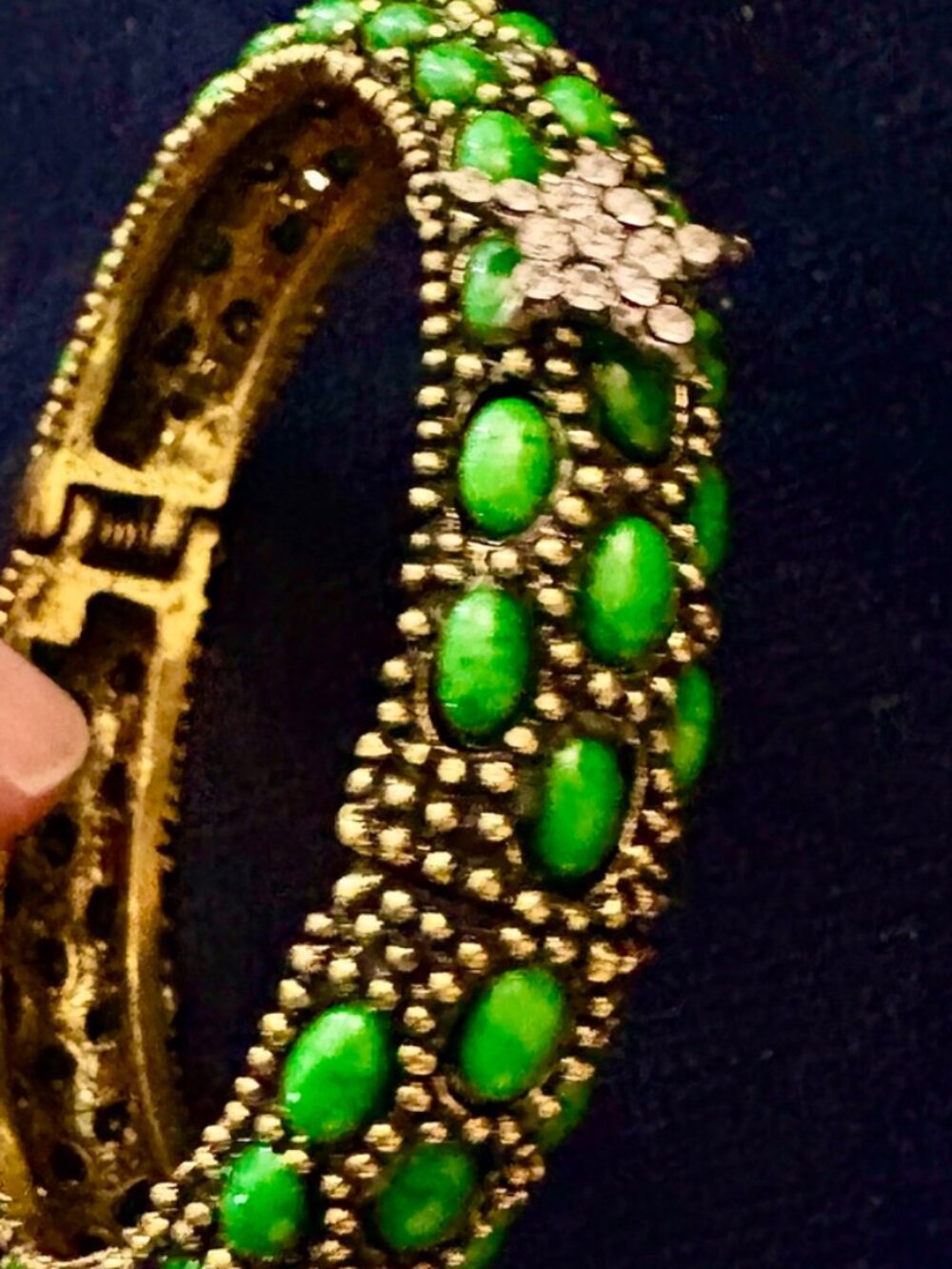 Vintage Green Cabochon Rhinestone Hinged Bangle Bracelet Gold Tone Statement Jew